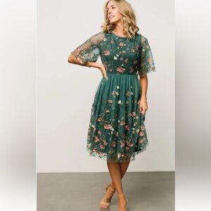 Baltic Born Duchess Tulle Lined midi Dress Sage Garden Floral embroidered sz XS